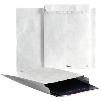 Rivesikker konvolutt, E4B med belg, åpning langside 457x305x50 mm, hvit, Tyvek