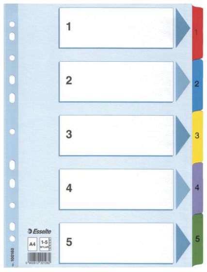 Skilleark A4 Kartong, 1-5, 5 farger (20 sett)